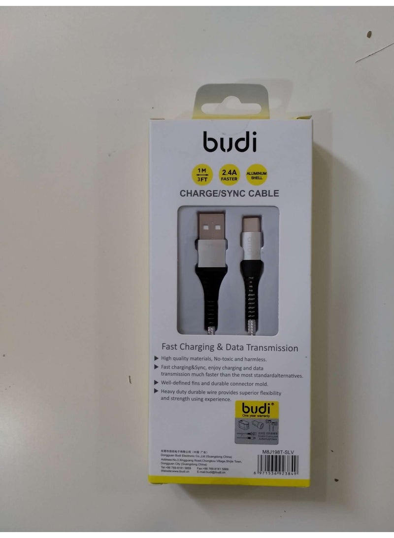 budi كابل شحن/مزامنة نوع C Budi M8J198T-SLV بطول 1م - فضي - Image 1